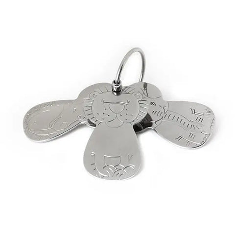 The Kleynimals – Clean Key Animals® by Kleynimals features three flat, shiny stainless steel animal tags—lion (center), elephant (left), and tiger (right)—with engraved cartoon faces, all held together on a metal key ring.