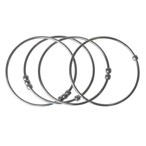 Four Kleynimals Stainless Steel Jangles® by Kleynimals, silver-colored wine glass charms with three metallic beads each, are arranged overlapping on a white background—adding an elegant touch to your table setting.