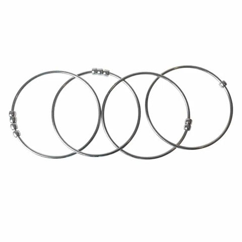 Kleynimals Stainless Steel Jangles® by Kleynimals—four silver rings with clasp closures, arranged on a white background—perfect as a stainless steel teether or stylish chewable jewelry for little ones.