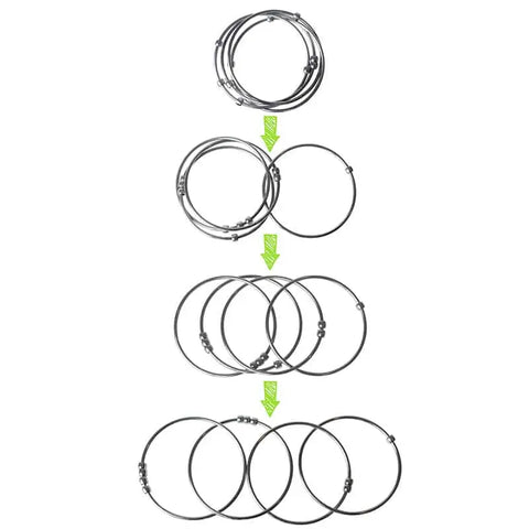 Four steps show Kleynimals Stainless Steel Jangles® expanding from a stacked set to four separate bangles, with green arrows marking each stage—a perfect chewable jewelry or baby fidget toy from Kleynimals.