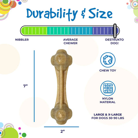 The Knuckle Bone Ultra Durable Nylon Dog Chew Toy by SodaPup, measuring 7x2, is perfect for powerful chewers (30–90 lbs). With a top durability rating, it withstands tough play and features icons showing its ideal for chewing.