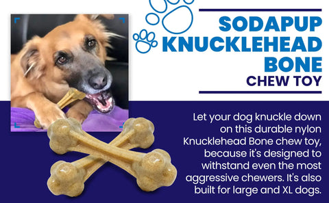 A large dog chews a bone-shaped toy. Nearby, text promotes the SodaPup Knuckle Bone Ultra Durable Nylon Dog Chew Toy, emphasizing its strength for aggressive chewers and perfect size for large or XL dogs.