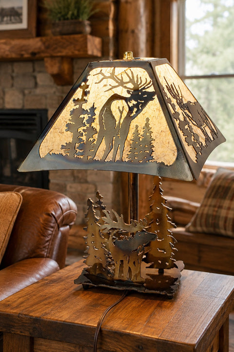 Rustic Elk Table Lamp – Handcrafted Heat-Treated Metal Base | Unique American Wildlife Decor Made in USA Knights Home Decor  item