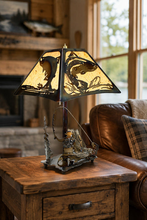 Handcrafted Fly Fisherman Table Lamp – Rustic Outdoor Accent Light with Hand-Colored Shade | Made in USA Knights Home Decor  item