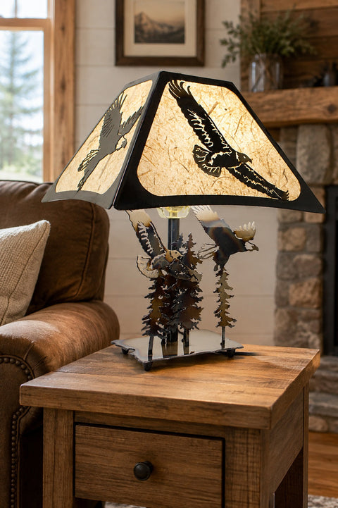Handcrafted Eagle Table Lamp – Rustic Metal Art Lighting with Forest Scene | Made in USA Knights Home Decor  item