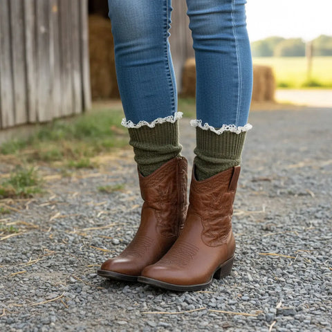 Lace Knit Slouch Socks for Ankle Boots – Olive Tweed Knit | Made in USA Catherine Cole  lace slouch socks