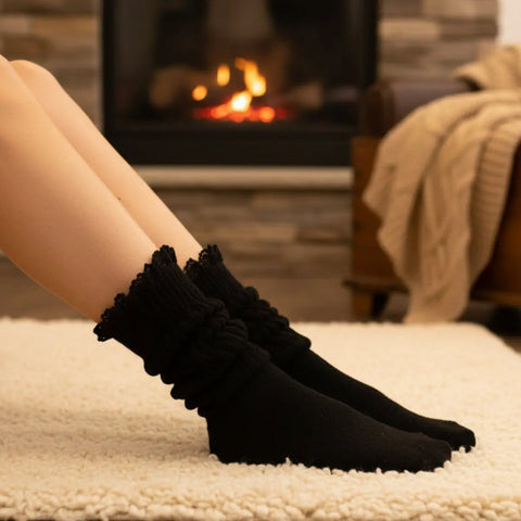 Lace Trim Cozy Slouch Socks – Thick Soft Knit Black | Made in USA Catherine Cole  socks