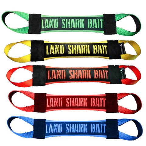 The Land Shark Bait 2 Fire Hose Training Tug by Bulletproof Pet Products Inc features five colorful USA-made nylon straps labeled LAND SHARK BAIT, each with black looped ends—perfect for fire department or training use.