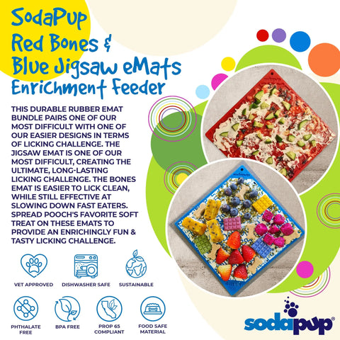 A vibrant ad for SodaPup’s Large Blue Jigsaw & Large Red Bones EMat Lick Mat Bundle shows two textured mats with food, highlighting features: dishwasher safe, BPA free, food-safe material, and fun slow feeder for dogs.