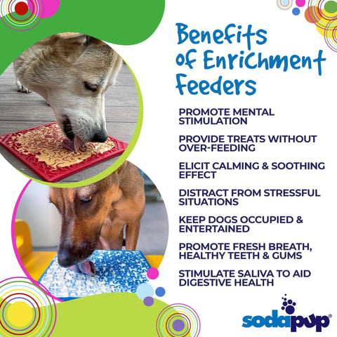 Two dogs enjoy the Large Blue Jigsaw & Large Red Bones EMat Lick Mat Bundle by SodaPup. Text notes enrichment feeders provide mental stimulation, stress relief, better dental health, digestion support, and a soothing effect. SodaPup logo appears at the bottom.