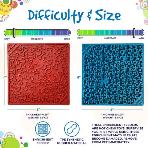 The SodaPup Large Blue Jigsaw & Large Red Bones EMat Lick Mat Bundle includes two enrichment mats for dogs, shown with size, thickness, and weight info. Text and icons highlight key features and safety tips.