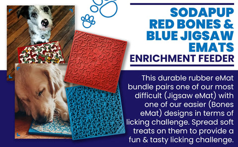 Promotional image for the SodaPup Large Blue Jigsaw & Large Red Bones eMat Lick Mat Bundle, featuring dogs enjoying treat enrichment on these vibrant, textured slow feeder mats, with product details shown on the right.