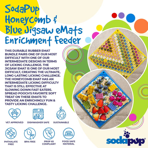 Eye-catching ad for SodaPup’s Large Blue Jigsaw & Large Yellow Honeycomb EMat Lick Mat Bundle, showcasing these slow feeder mats with notes: vet approved, dishwasher safe, and eco-friendly.