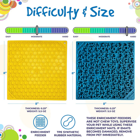 The SodaPup Large Blue Jigsaw & Large Yellow Honeycomb EMat Lick Mat Bundle includes two 8-inch square, 0.25-inch thick, 5.5 oz TPE rubber mats—one with a blue jigsaw (moderate) and one with a yellow honeycomb (easy) pattern.