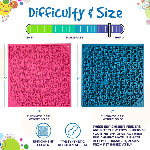 The SodaPup Large Blue Jigsaw & Large Pink Jigsaw EMat Lick Mat Bundle includes two 8x8 TPE rubber mats with maze patterns for slow feeder enrichment. Difficulty scale included. Mats are not chew toys.