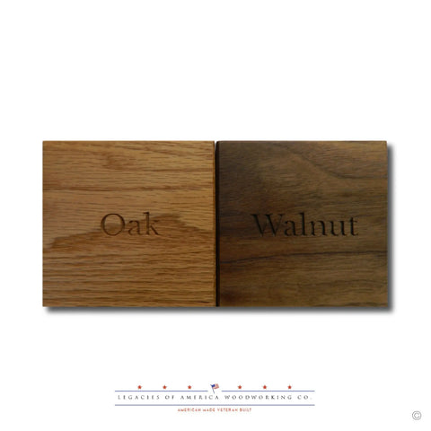 On the left is Oak and on the right is Walnut, showing color and grain differences—ideal for choosing your Legacies of America Woodworking Company ORIGINAL Brass Casing Challenge Coin Display - Large.