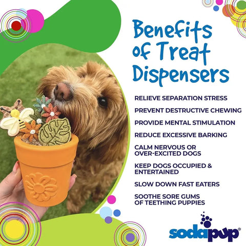 A happy brown dog holds the Large Flower Pot Durable PUP-X Rubber ECup Treat Dispenser & Enrichment Toy by SodaPup. Text highlights benefits like stress relief and mental stimulation for enrichment, with the SodaPup logo at the bottom.