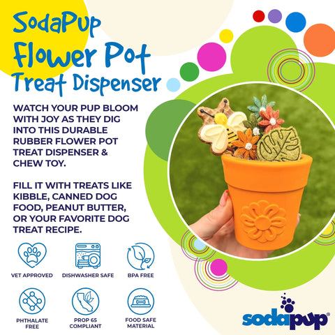 A vibrant ad for the SodaPup Large Flower Pot Durable PUP-X Rubber ECup Treat Dispenser & Enrichment Toy shows an orange dispenser filled with treats, highlights its enrichment benefits, and features playful circles and icons on the sides.