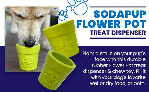 A dog enjoys enrichment by licking inside a bright green SodaPup Large Flower Pot Durable PUP-X Rubber ECup Treat Dispenser, while two more dispensers sit nearby against a blue paw print background.