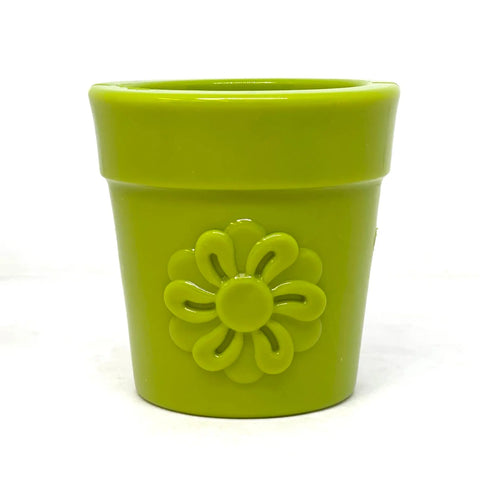 The SodaPup Large Flower Pot Durable PUP-X Rubber ECup Treat Dispenser & Enrichment Toy features a raised flower design and vivid green color, perfect for dog enrichment. Shown against a plain white background.