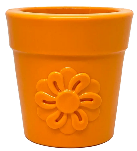 The SodaPup Large Flower Pot Durable PUP-X Rubber ECup Treat Dispenser & Enrichment Toy is a bright orange, smooth-finish pot with a raised flower design—perfect for dog enrichment and made from tough PUP-X material. No plant inside.