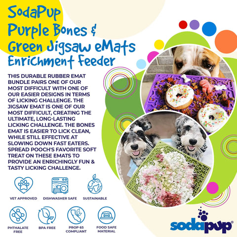 Vibrant ad for SodaPup’s Large Green Jigsaw & Large Purple Bones EMat Lick Mat Bundle, featuring happy dogs, food-filled close-ups, and benefits like dishwasher safe, BPA free, and made with sustainable materials.