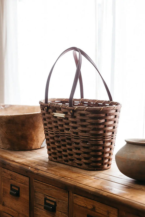 Large Handwoven Market Basket 18x11x12 Inch with Leather Handles – Rustic Storage & Farmer’s Tote | Made in USA Millstream Home  Baskets