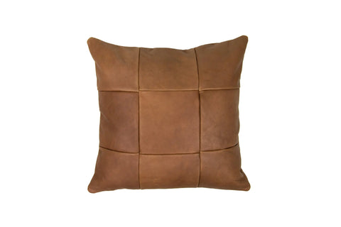The Urban Southern Large Leather Pillow is a square brown accent piece featuring a stitched grid and subtle patchwork design, shown against a white background.
