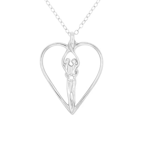 The Symbol of Love Jewelry Large Soulmate Heart Necklace features a .925 sterling silver heart pendant (1½ x 1¼) with an abstract woman design, a clear cubic zirconia, and includes an 18 chain.