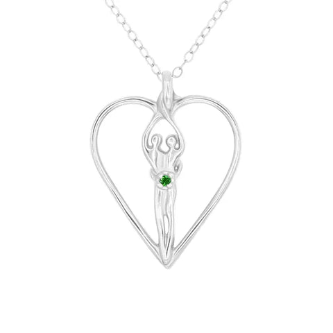 The Large Soulmate Heart Necklace by Symbol of Love Jewelry features a 1½ x 1¼ heart-shaped .925 sterling silver pendant with a goddess design and clear cubic zirconia, on an 18 chain. Perfect for adding elegant charm to any outfit.