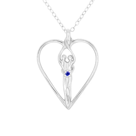 The Large Soulmate Heart Necklace by Symbol of Love Jewelry features a 1½ x 1¼ heart-shaped .925 sterling silver pendant with a stylized goddess design and clear cubic zirconia, on an 18 chain.