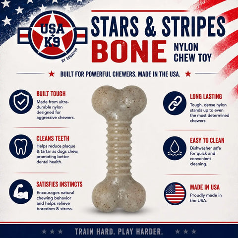 Large XL Nylon Dog Chew Toy with Patriotic Stars and Stripes Design – Durable Bone Shape for Aggressive Chewers | Made in USA SodaPup  Nylon Dog Toys