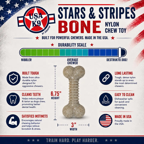 Large XL Nylon Dog Chew Toy with Patriotic Stars and Stripes Design – Durable Bone Shape for Aggressive Chewers | Made in USA SodaPup  Nylon Dog Toys