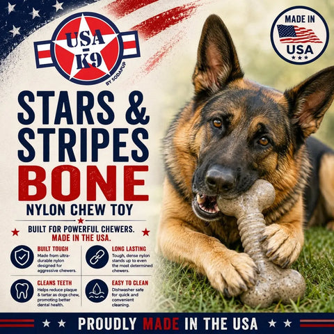 Large XL Nylon Dog Chew Toy with Patriotic Stars and Stripes Design – Durable Bone Shape for Aggressive Chewers | Made in USA SodaPup  Nylon Dog Toys