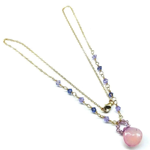Alexa Martha Designs Purple Chalcedony Drop 14 KT Gold Filled Gemstone Collier Necklace features a pink teardrop pendant and small purple and blue crystal beads for a delicate touch.