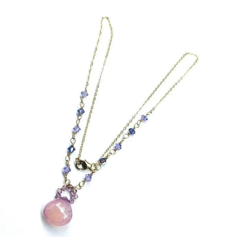 The Alexa Martha Designs Purple Chalcedony Drop 14 KT Gold Filled Gemstone Collier Necklace features a pink teardrop pendant and purple crystal beads, shown on a white background.