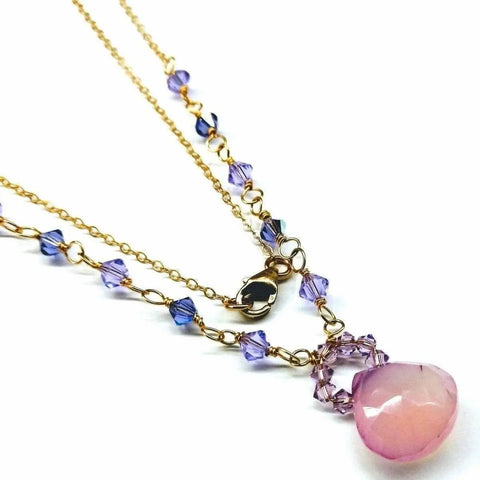 The Alexa Martha Designs Purple Chalcedony Drop 14 KT Gold Filled Gemstone Collier Necklace features small purple chalcedony beads and a large pink gemstone pendant, shown on a white background.