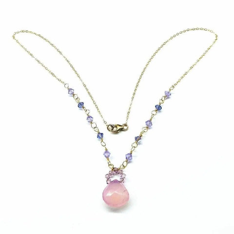The Alexa Martha Designs Purple Chalcedony Drop 14 KT Gold Filled Gemstone Collier Necklace features small purple crystals and a large teardrop Chalcedony centerpiece, shown on a white background.