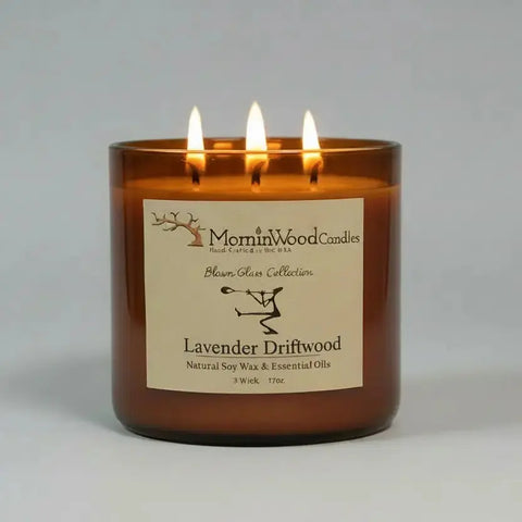 Lavender Driftwood-Soy 3-Wick Blown Glass Collection MorninWood Candles  3 Wick Candle