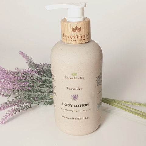 A bottle of Forev'Herbs Lavender Lotion with a bamboo pump is shown on a white surface, accompanied by lavender sprigs. This hydrating moisturizer features natural ingredients for gentle skin care.