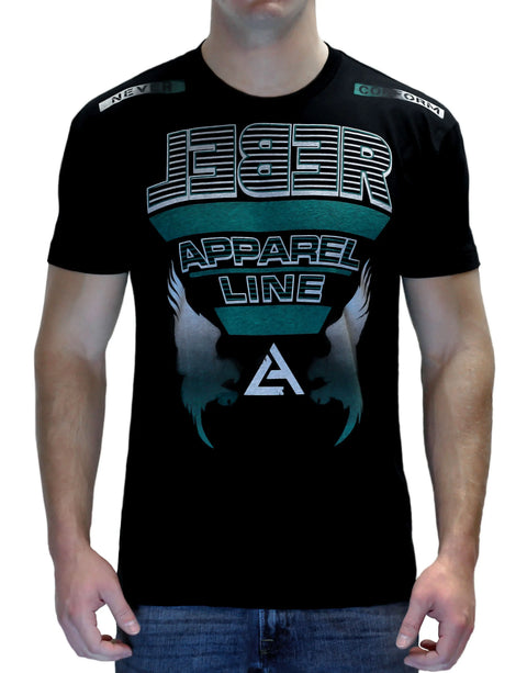 A man wears The Architect T-shirt by Leber Apparel Line, featuring bold text, a triangular logo, and stylized wings with geometric teal, white, and gray designs—American-made to embody the brand’s distinctive spirit.