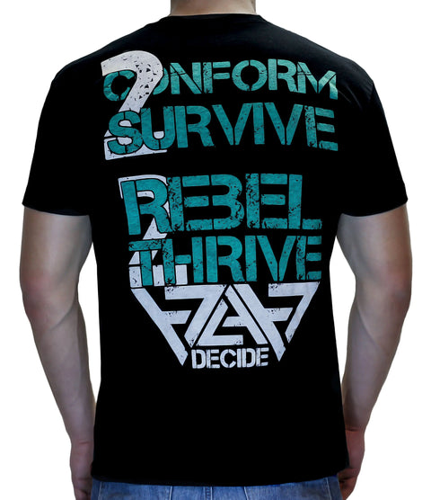 A person wearing The Architect black T-shirt from Leber Apparel Line, featuring bold, distressed teal and white INFORM SURVIVE REBEL THRIVE DECIDE text on the back—ideal for fans of American-made fashion.