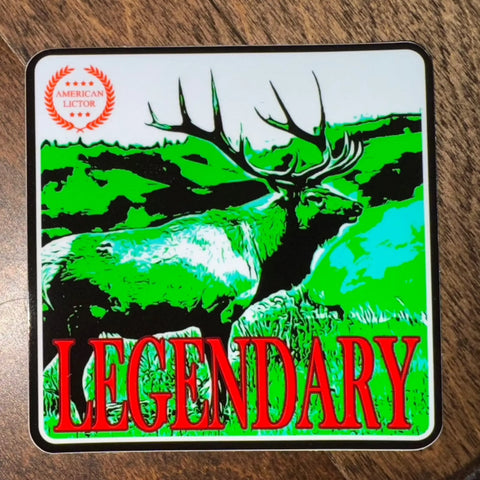 Sticker: Elk - Legendary by American Lictor features a vibrant 3x3 illustration of a majestic elk with antlers in green grass, “LEGENDARY” in bold red letters below, and the American Lictor logo in the top left corner.