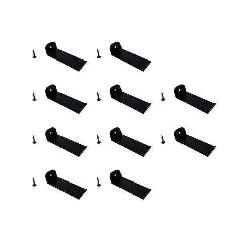 Nine black L-shaped brackets from Chatelet Manufacturing, each with a screw, are arranged in rows—perfect as the Collectible Wall Display Compatible With Lego Speed Champion Racecars | Side Car Display Wall Mount (Side Profile). Made in USA.