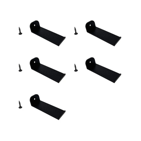 Five black Chatelet Manufacturing Side Car Display Wall Mount brackets, each with a screw, are arranged in two rows on a white background. Ideal for displaying Lego Speed Champion Racecars using the Collectible Wall Display system.