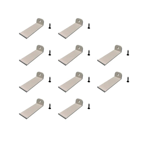 Ten Chatelet Manufacturing Side Car Display Wall Mounts, each with a black screw, are arranged in a grid—ideal for displaying your Lego Speed Champion Racecars. Product: Collectible Wall Display | Made in USA | Side Profile.