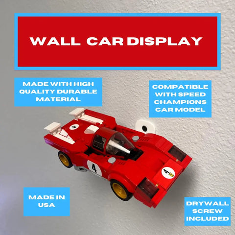 A red toy race car is showcased on Chatelet Manufacturing’s Side Car Display Wall Mount—Collectible Wall Display, made in the USA with durable material, compatible with Lego Speed Champion Racecars, and includes a drywall screw.
