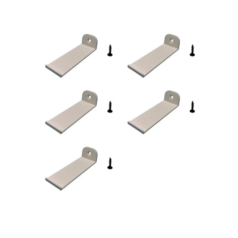 Five beige metal brackets with holes, each with a black screw, by Chatelet Manufacturing—ideal for the Collectible Wall Display Compatible With Lego Speed Champion Racecars or Side Car Display Wall Mount (Side Profile), made in the USA.