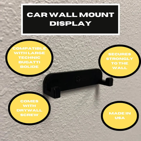 A black Chatelet Manufacturing wall mount for Lego Technic Lamborghini Huracán Tecnica 42161 is shown on a textured white wall. Four yellow circles highlight its features: vertical display, includes screw, secure hold, and made in USA.