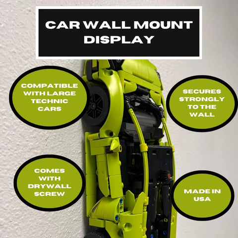 A green toy car mounts vertically on a wall. Four black circles highlight: fits Lego Technic Lamborghini Huracán Tecnica 42161, secure hold, includes screw, and made in USA. Title: Collectible Car Wall Mount Display by Chatelet Manufacturing.